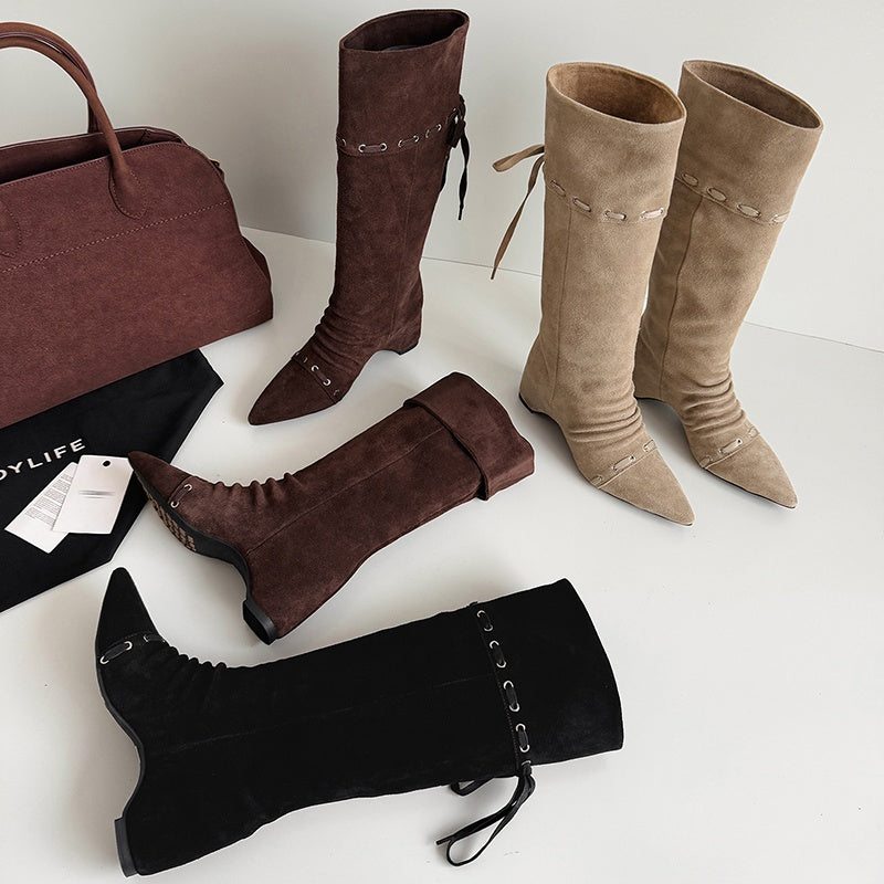 Karin Luna Elegant Style  Pointed Toe Pleated Hidden Wedge Western Boots