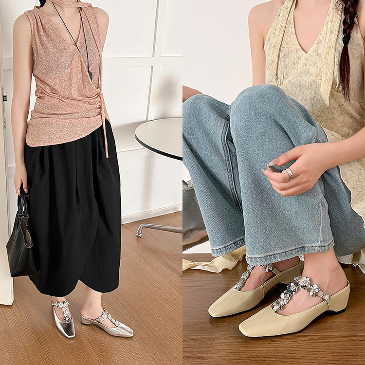 Karin Luna In Stock Spot Goods  T Handmade Sequin Flower Square Toe Height-Increasing Closed-Toe Slippers