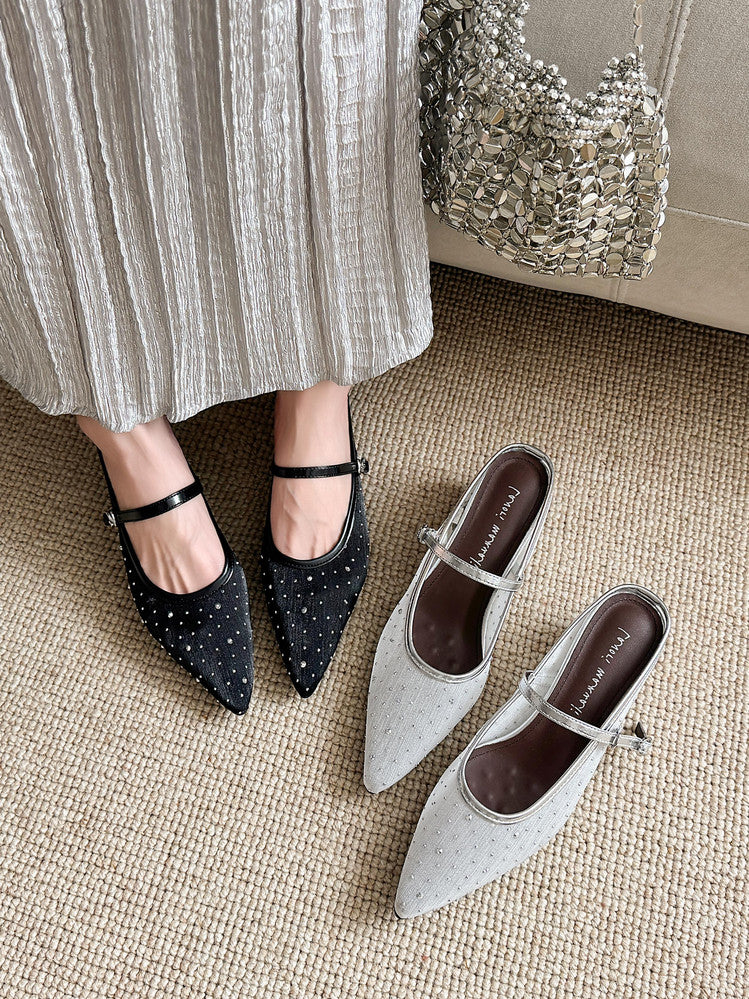 Karin Luna In Stock Spot Goods  Breathable Mesh Fabric Embellished Hand Drill Pointed Toe Slippers