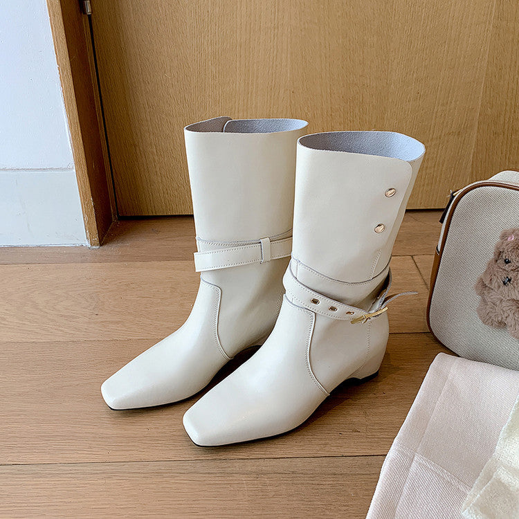 Karin Luna Foldable Belt Buckle Square Toe Hidden Wedge Short Boots