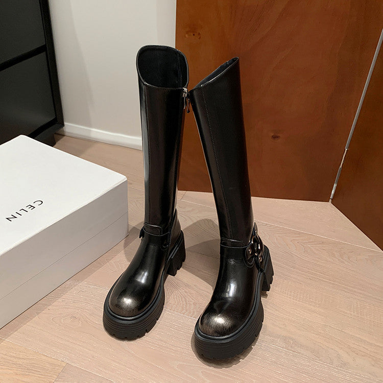 Karin Luna In Stock Spot Goods Round Toe Thick Sole Belt Buckle Straight Long Boots