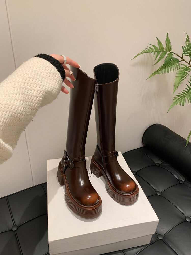 Karin Luna In Stock In Stock Slimming Diagonal Cut Tube Top  Best-selling in stock Retro Metal Buckle Thick-Soled Long Boots