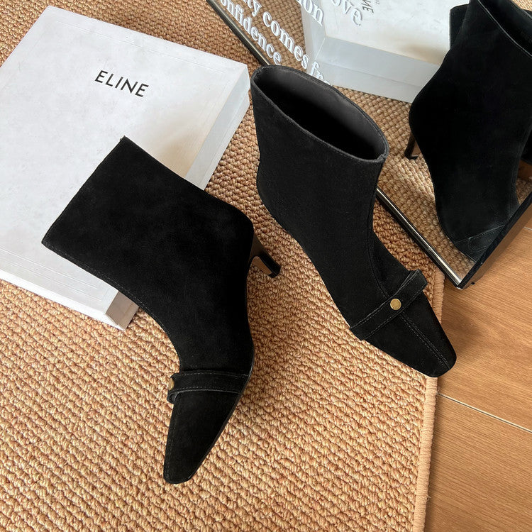 Karin Luna Elegant Style Small Square Toe Belt Buckle Thin Heel Short Boots