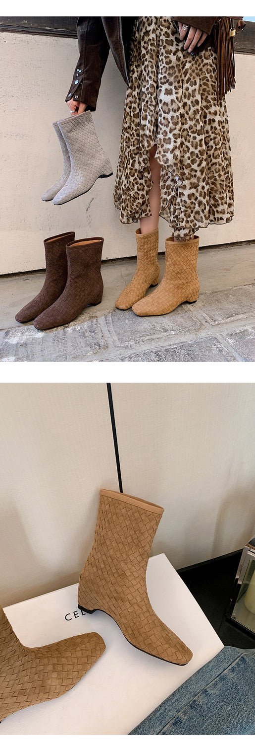 Karin Luna Handmade Woven Fabric Small Square Toe Hidden Heel Short Boots