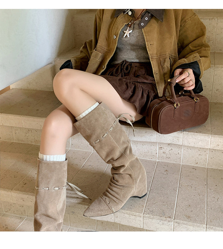 Karin Luna Elegant Style  Pointed Toe Pleated Hidden Wedge Western Boots