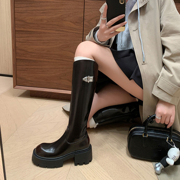 Karin Luna In Stock In Stock  Round Toe Thick Sole Belt Buckle Side Zipper Knight Boots