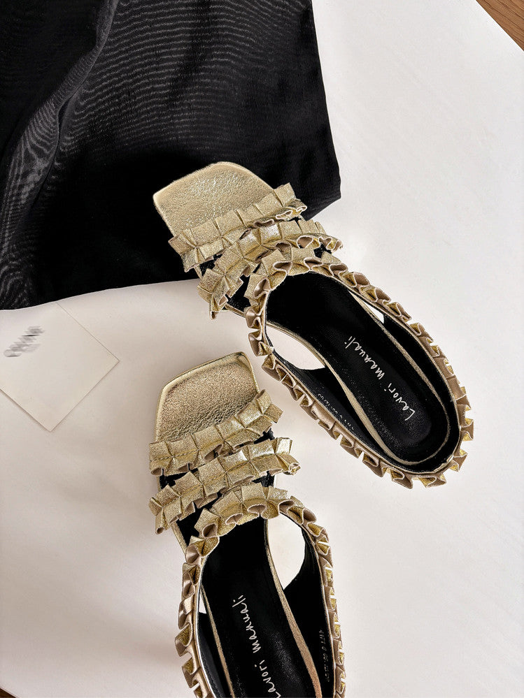 Karin Luna In Stock  Spot Goods  Unique Square-Toe Pleated Lace Sandals