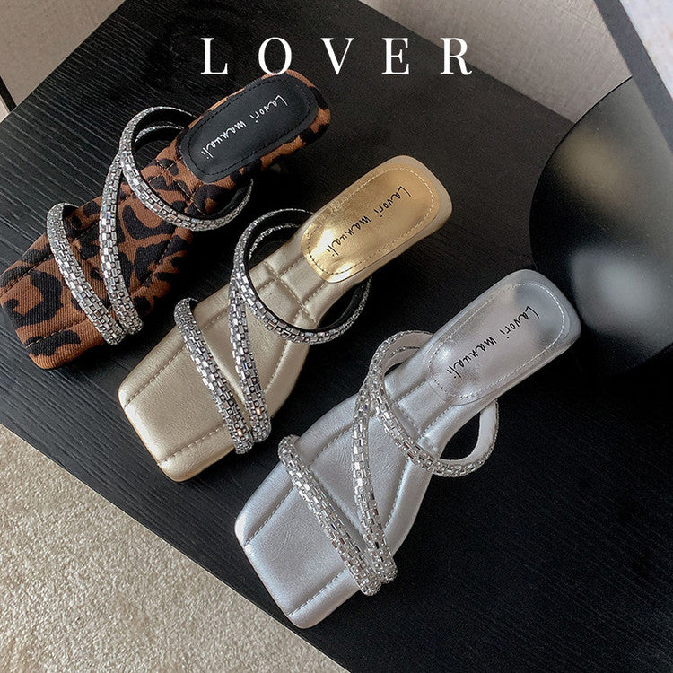 Karin Luna In Stock Spot Goods  Rhinestone One-Strap Irregular Heel Square-Toe Slippers