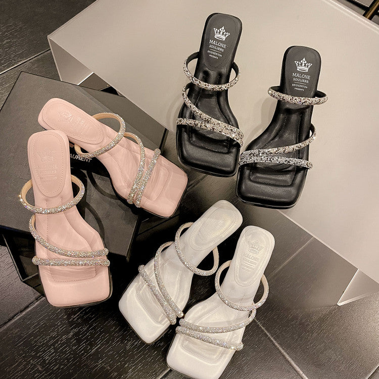 Karin Luna In Stock Spot Goods  Minimalist Versatile Square Toe Rhinestone Strap Open-Toe Sandals