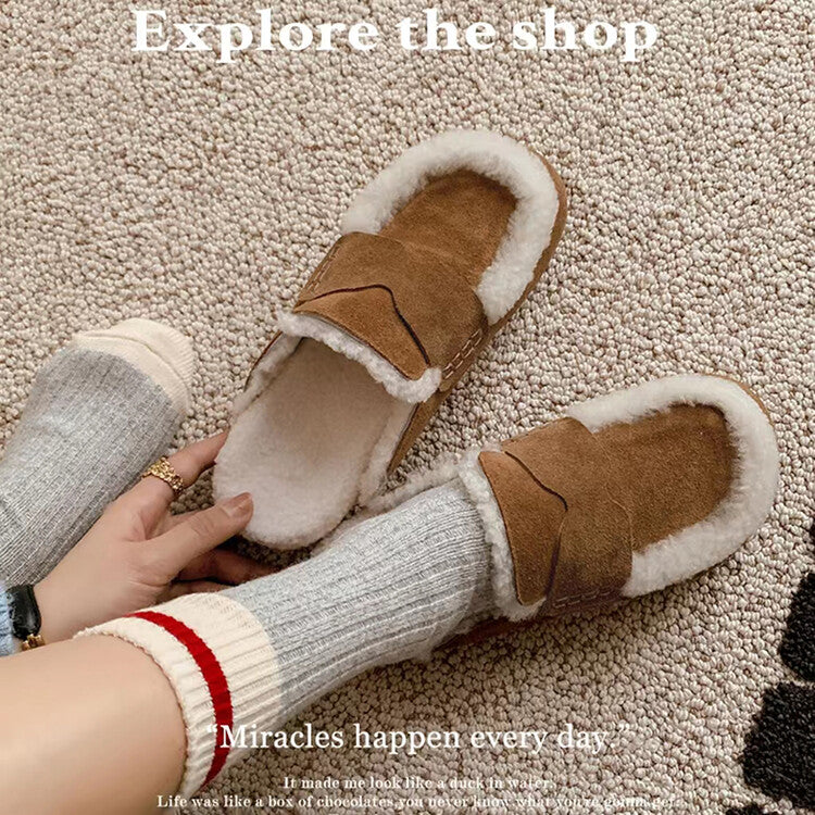 Karin Luna In Stock Look~This is such thick lamb wool Winter Atmosphere！Cowhide Leather Lamb Wool Round Toe Flat Sole Half Support！