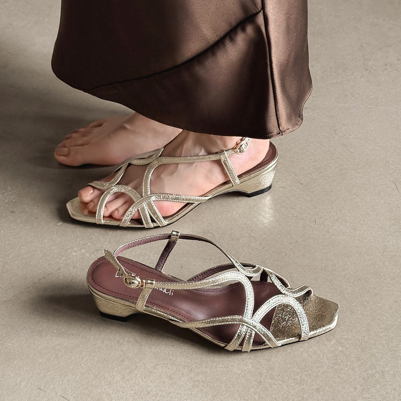 Karin Luna French Hollow Style Small Square Toe Chunky Heel Sandals