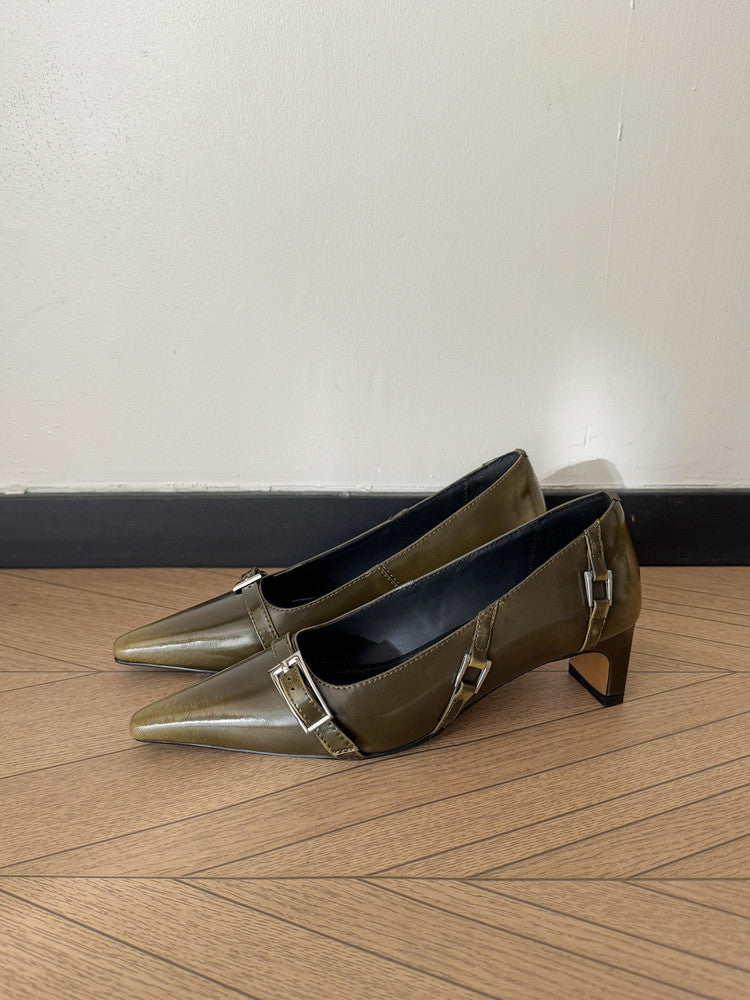 Karin Luna In Stock In Stock Retro Belt Buckle Small Square Toe Chunky Heel Single Shoes
