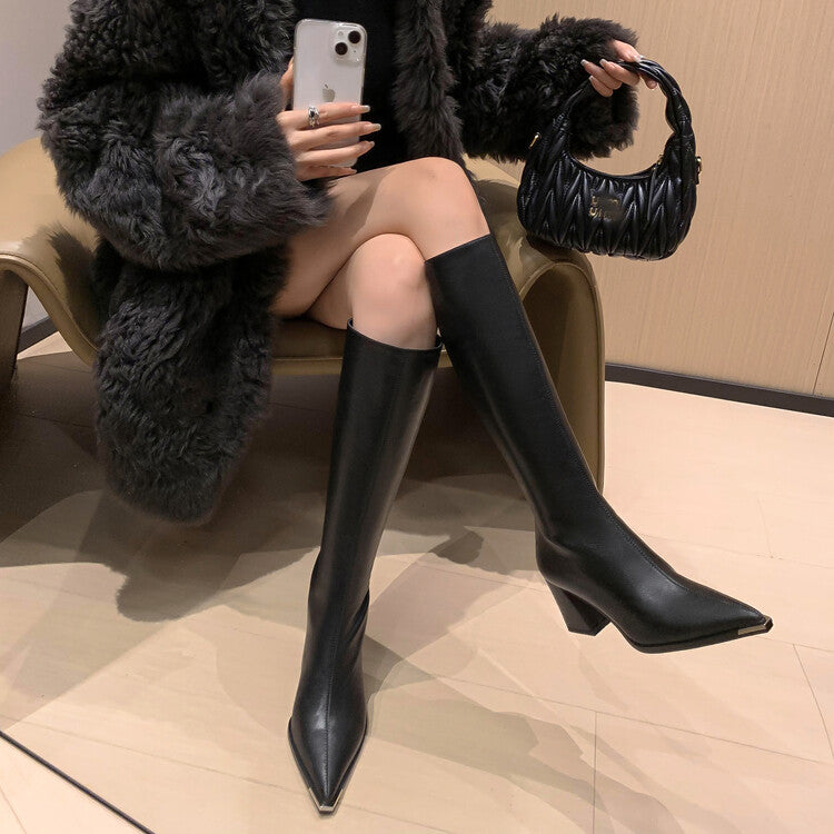 Karin Luna In Stock  In Stock Elegant Metal Pointed Toe Chunky Heel Full Cowhide Leather Riding Boots