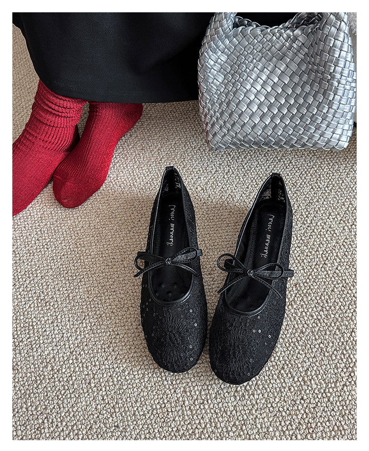 Karin Luna In Stock Spot Goods  Summer Breathable Retro Embroidered Bow Granny Shoes