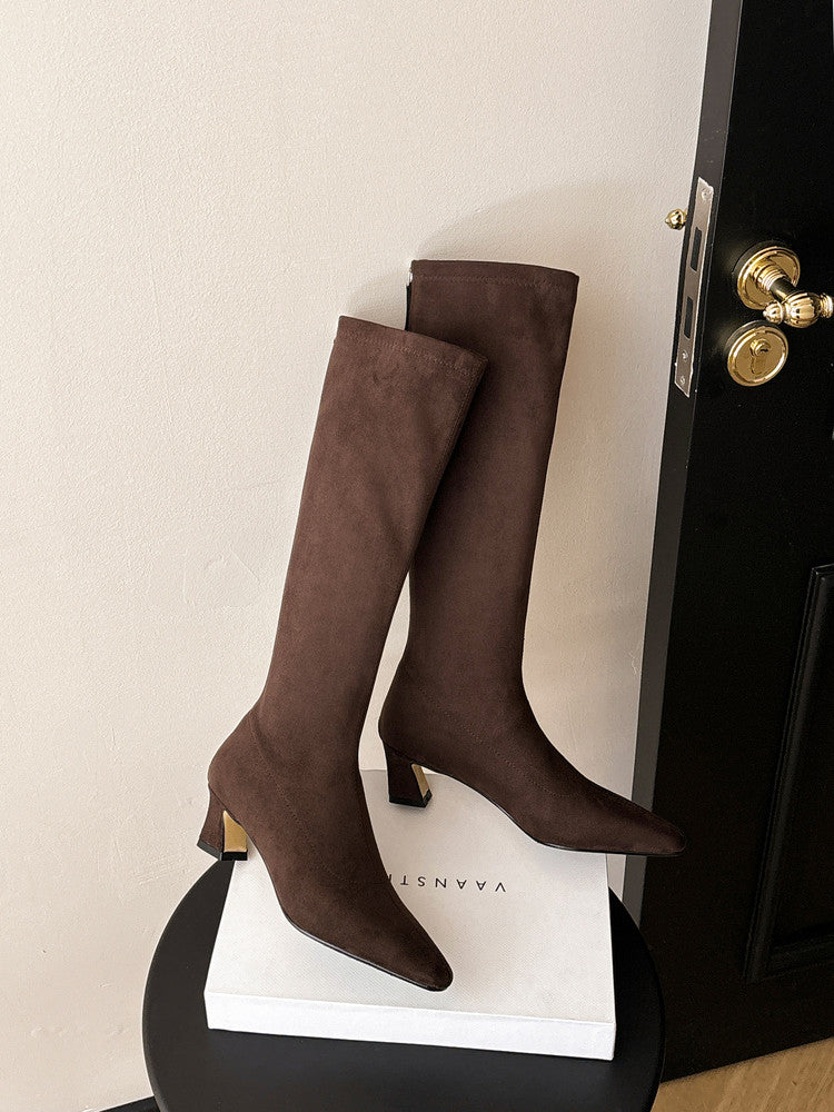 Karin Luna In Stock In Stock  Square Toe Chunky Heel Korean Style Elegant Long Boots