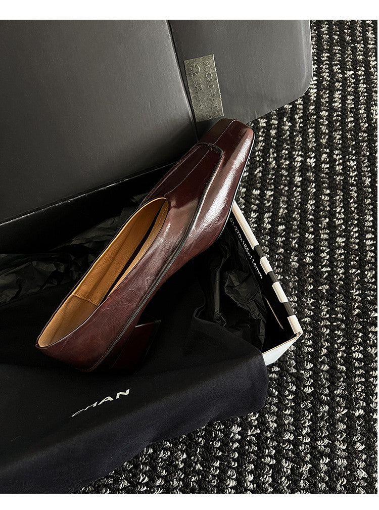 Karin Luna In Stock Spot Goods  Retro Full Leather Square Toe Shallow Mouth Single Shoes