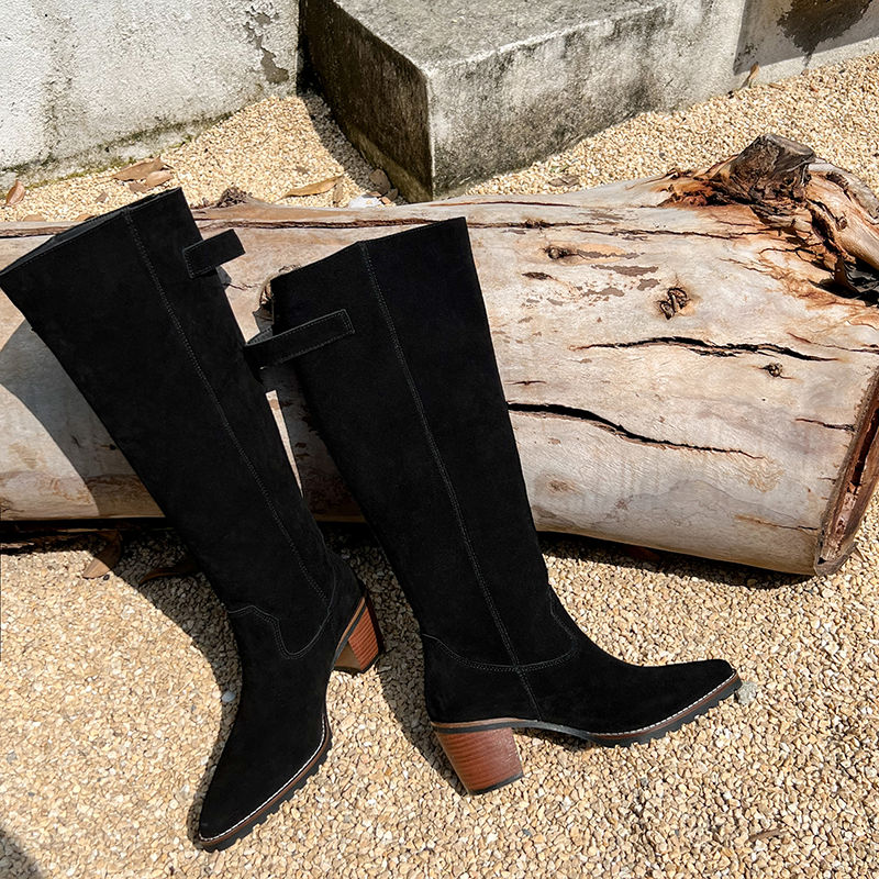 Karin Luna In Stock Spot Goods Retro Cowhide Leather Chunky Heel Suede Long Boots