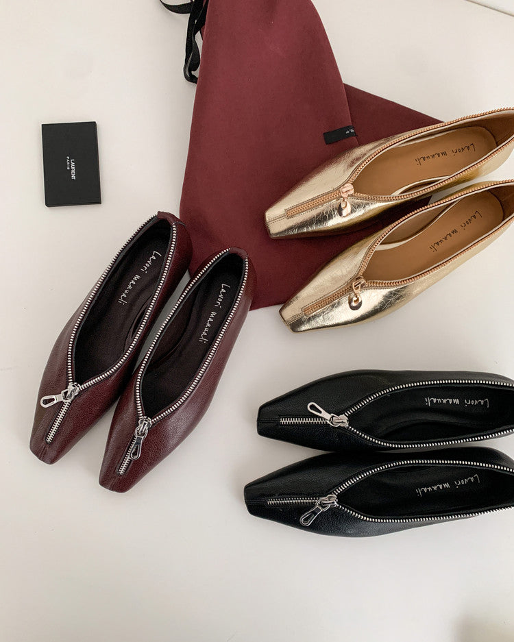 Karin Luna In Stock In Stock ~Basic Versatile Light Luxury Zipper Small Square Toe Flats