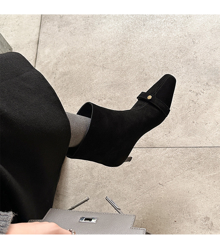 Karin Luna Elegant Style Small Square Toe Belt Buckle Thin Heel Short Boots