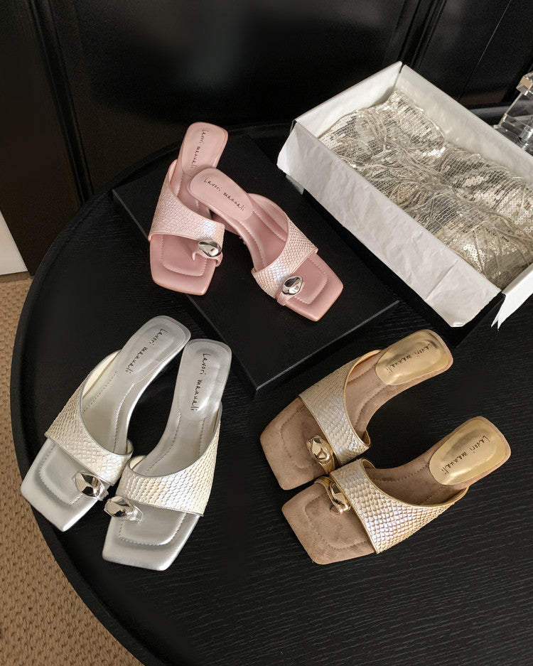 Karin Luna Fish Skin Series~Minimalist Square Toe Popular Irregular Heel Slippers