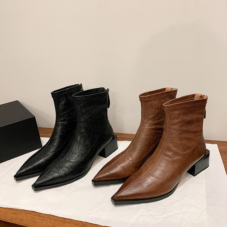 Karin Luna Elegant Style Pointed Toe Chunky Heel Short Boots