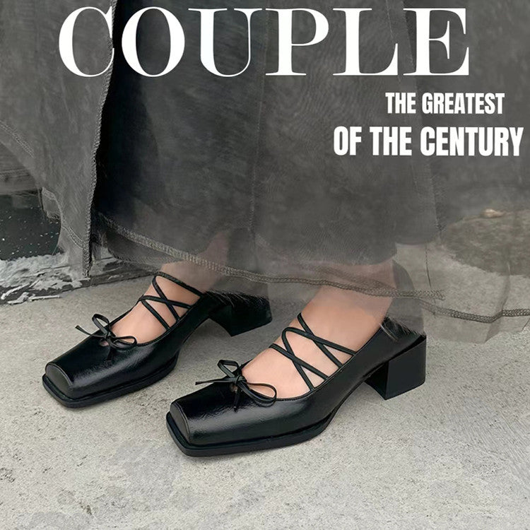 Karin Luna In Stock Spot Goods  Popular Self-flowing Bowknot Square Toe Chunky Heel Single Shoes