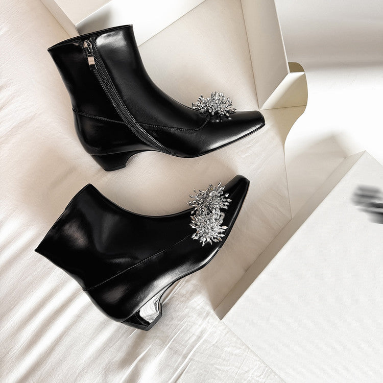 Karin Luna Elegant Style Square Toe Flower Design Height Increasing Short Boots with Two Front and Back Options
