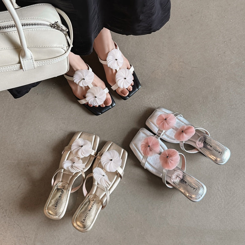 Karin Luna Hot-Selling Floral Square Toe Irregular Heel Floral Slippers