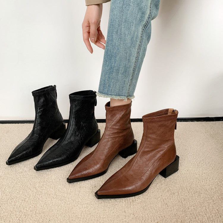 Karin Luna Elegant Style Pointed Toe Chunky Heel Short Boots