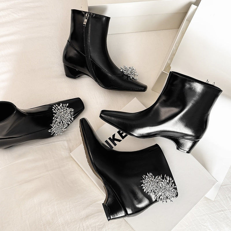 Karin Luna Elegant Style Square Toe Flower Design Height Increasing Short Boots with Two Front and Back Options