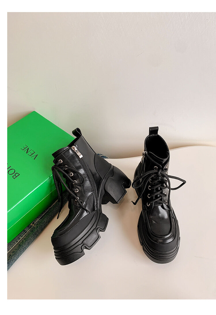Karin Luna Casual Thick Sole Full Cowhide Lace-up Thick-soled Short Boots   Classic All-Matching