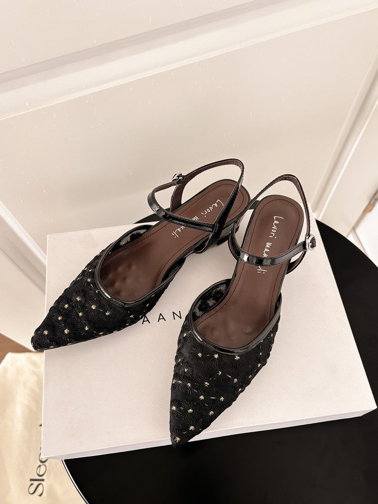 Karin Luna In Stock Spot Goods Embroidered Daisy Sheepskin Mesh Elegant Closed-Toe Slippers