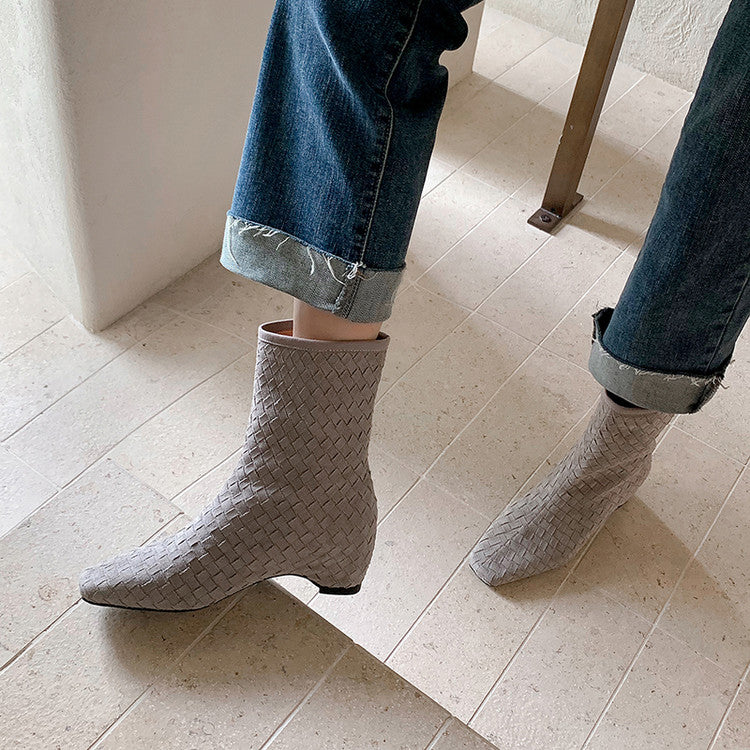 Karin Luna Handmade Woven Fabric Small Square Toe Hidden Heel Short Boots