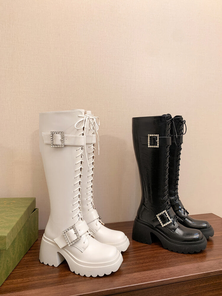 Karin Luna In Stock Spot Goods Bestselling Extended Version Rhinestone Square Buckle Thick Sole Lace-up Thick Sole Full Cowhide Knight Boots
