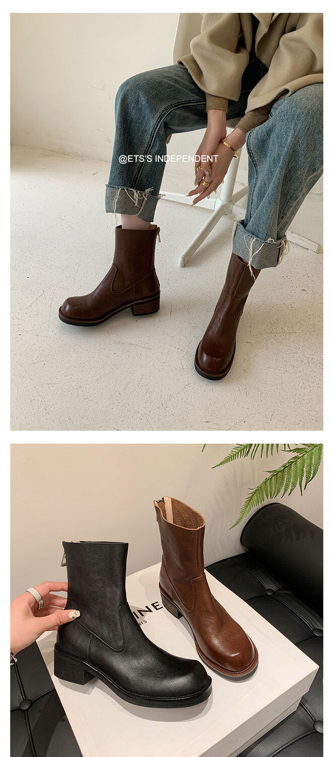 Karin Luna In Stock Spot Goods  Full-grain leather inside and out   Minimalist Texture  Round Toe Flat Bottom Basic Short Boots