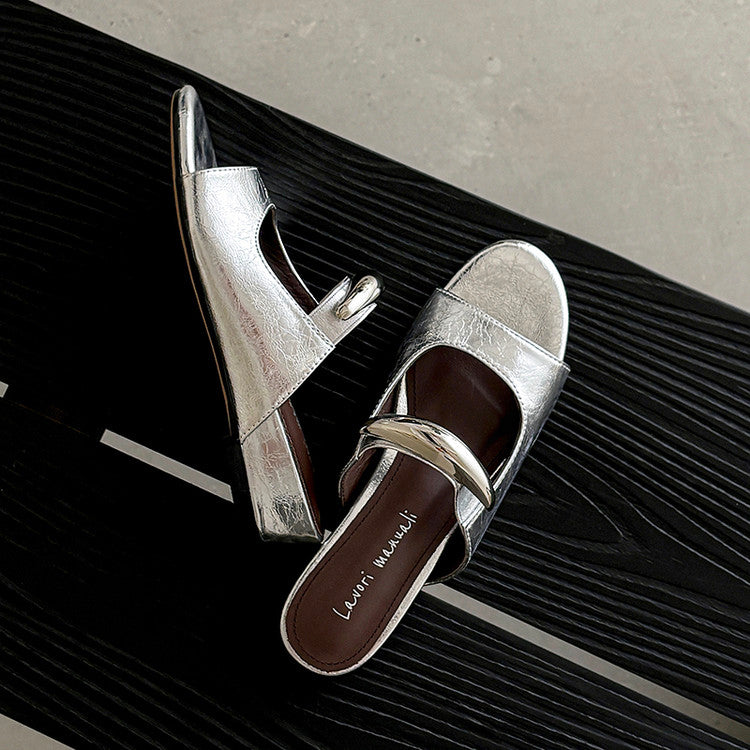 Karin Luna In Stock Spot Goods  Metal Buckle Round Toe Strap Slippers