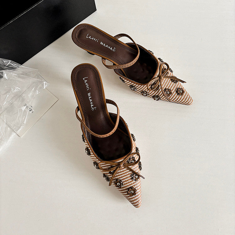 Karin Luna In Stock Spot Goods  Elegant Floral Pointed Toe Rhinestone Slippers
