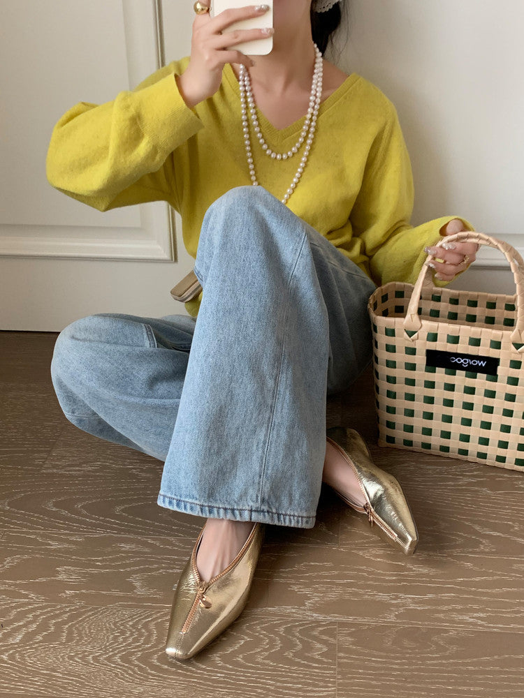 Karin Luna In Stock In Stock ~Basic Versatile Light Luxury Zipper Small Square Toe Flats
