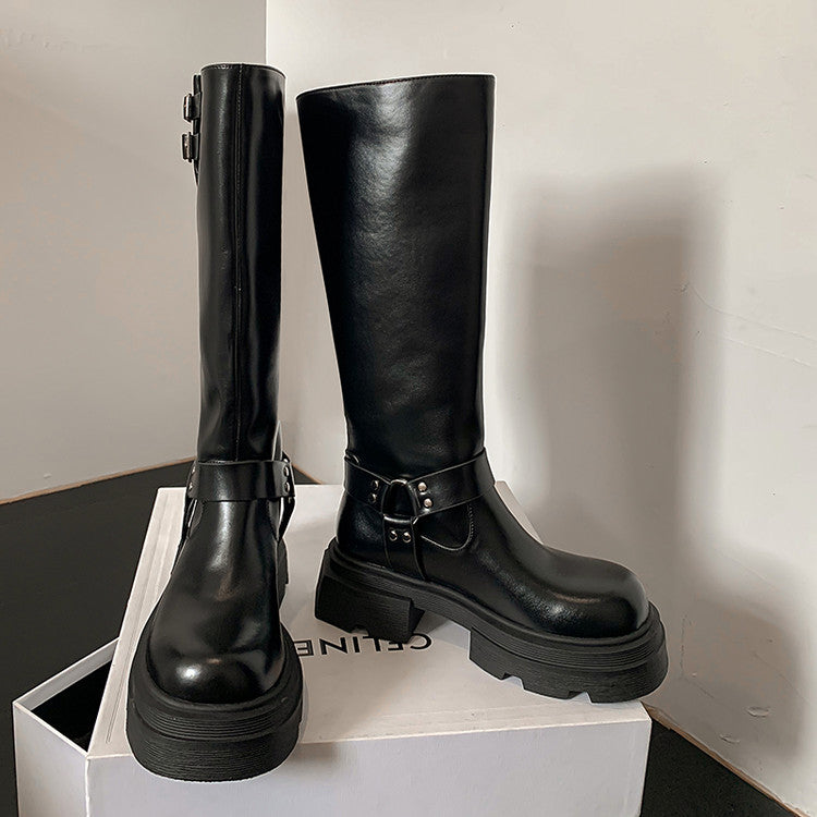 Karin Luna In Stock In Stock  Classic Casual Style Belt Buckle Thick Sole Round Toe Knight Boots Thick Sole