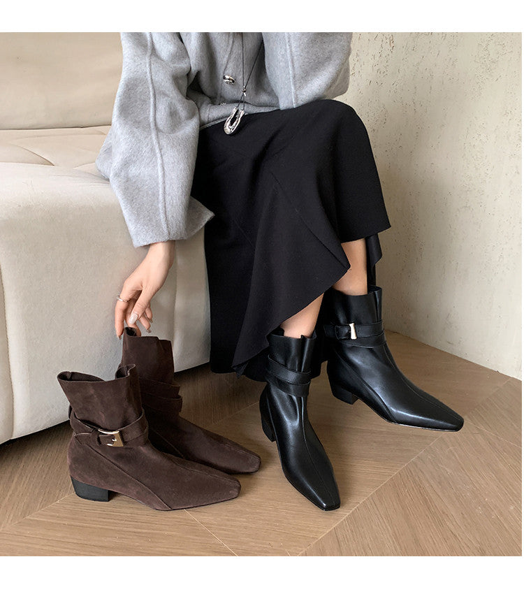 Karin Luna In Stock In Stock Hot-Selling Basic Old Money Style Retro Belt Buckle Short Boots