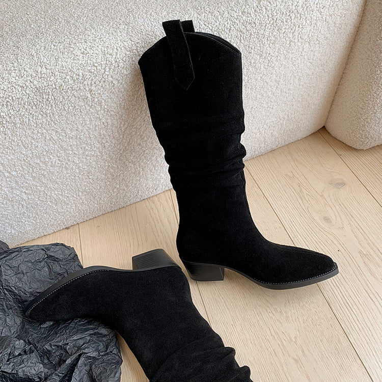 Karin Luna Elegant Style  Pointed Toe Wrinkled Wide Western Boots