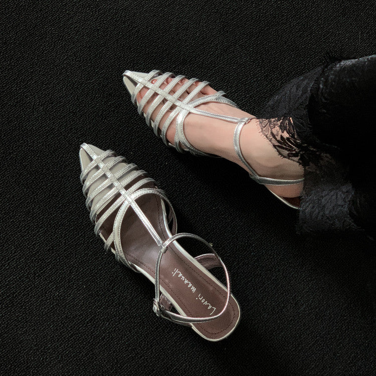 Karin Luna French Hollow Toe Metal Heel Elegant Sandals