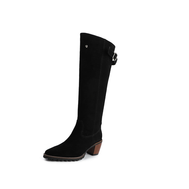 Karin Luna In Stock Spot Goods Retro Cowhide Leather Chunky Heel Suede Long Boots