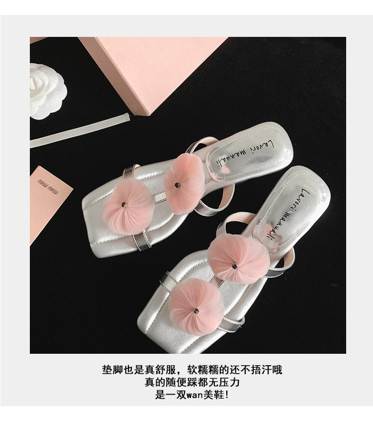 Karin Luna Hot-Selling Floral Square Toe Irregular Heel Floral Slippers
