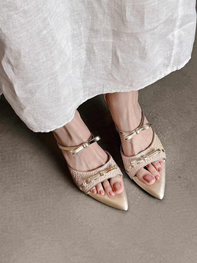 Karin Luna Fish Skin Series~Pointed Toe Irregular Heel Bowknot Strap Slippers