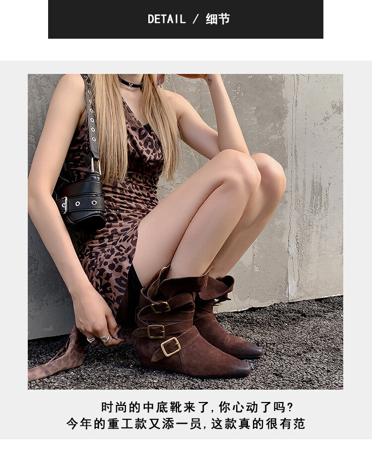 Karin Luna Cow Leather Small Square Toe Belt Buckle Fashion Boots