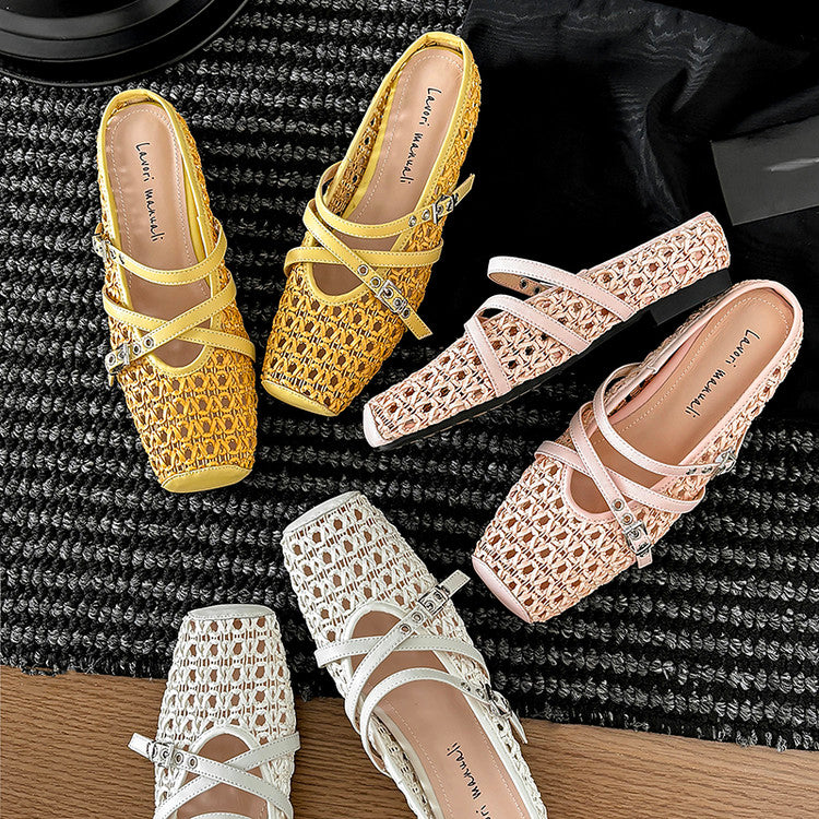 Karin Luna In Stock Spot Goods  Hot-Selling Square-Toe Woven Pig Nose Closed-Toe Slippers
