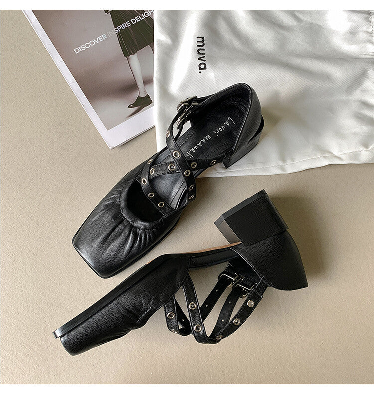Karin Luna In Stock Spot Goods First Layer Sheepskin Cross Strap Rivet Square Toe Mary Jane Sandals