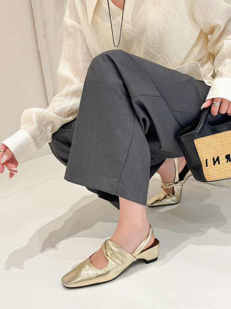 Karin Luna In Stock  Spot Goods Small Square Toe Wrinkled Chunky Heel Closed-Toe Sandals