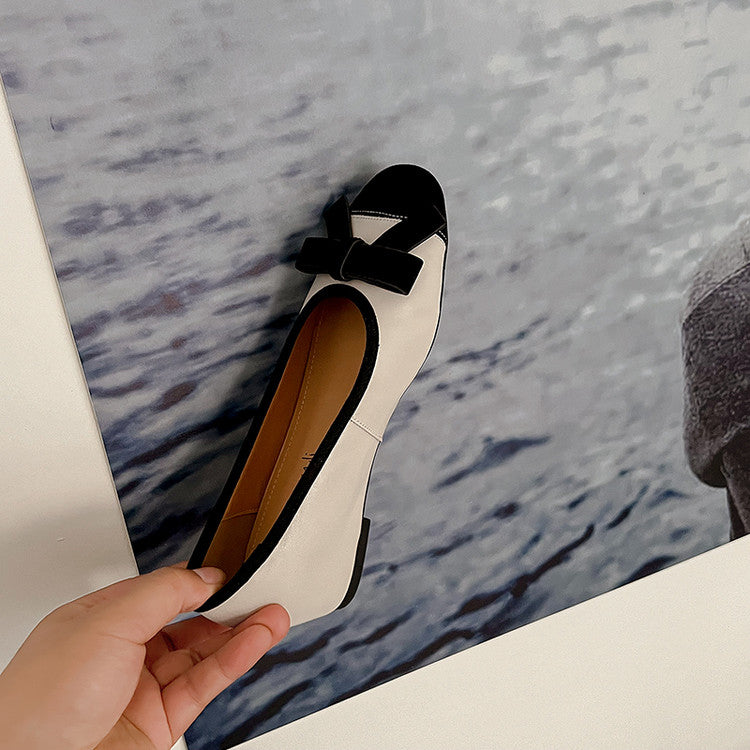 Karin Luna In Stock Spot Goods    Color Block Sweet Bowknot Hidden Wedge Shallow Mouth Flats